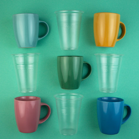 Ecology concept stop plastic pollution. Plastic waste. Pattern from ceramic mugs and plastic cups.