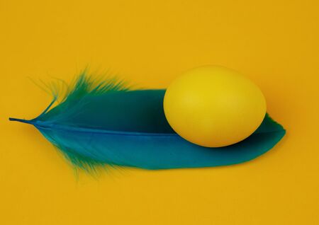 Easter single-colored egg and feather on yellow background. Happy Easter greeting card. Minimal easter concept. Yellow monochrome.の写真素材