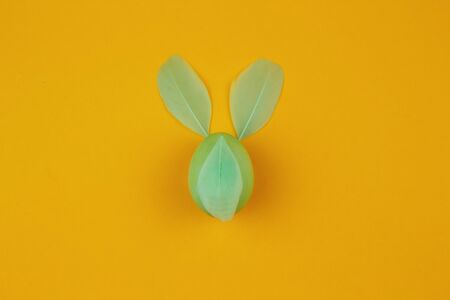 Cute creative photo with easter egg with feather as the Easter Bunny. Minimal easter concept. Flat lay.の写真素材