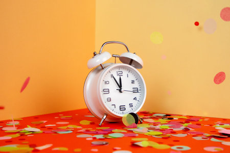 Festive multi-colored confetti fall on a white alarm clock. Trendy three-dimensional background in...
