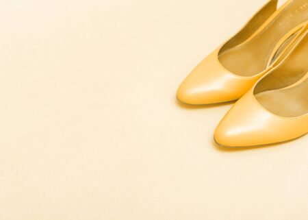 A pair of yellow women's shoes on light yellow background. Flat lay, top view, copy space.の写真素材