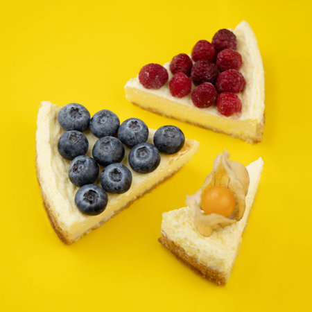 Slice of blueberry cheesecake on a yellow background. Minimalistic composition. Flat Lay.