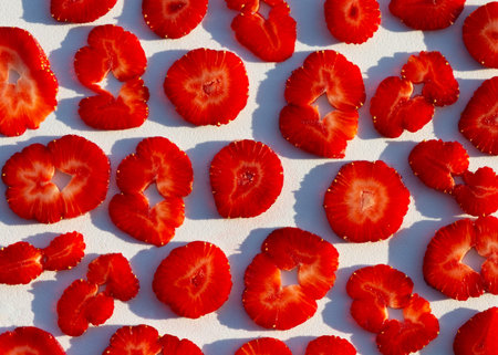 Sliced strawberries food pattern. Flat lay. Summer minimal concept with light and with hard shadows.の写真素材