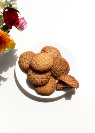 Homemade cookies close-up on a bright background. Gluten free pastry made from almond flour. Keto diet, paleo.の写真素材