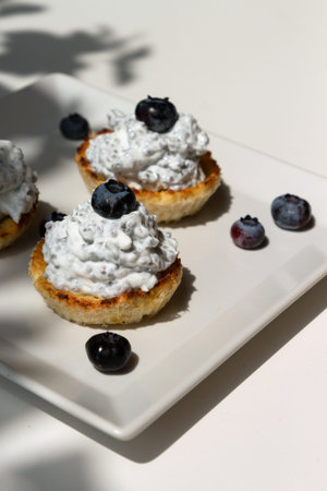 Healthy chia seeds pudding with  in cottage cheese tartlet. Dark plant shadow on table.の写真素材