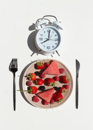 Intermittent fasting concept with empty colorful plates. On plate are berries, strawberries, raspberries, blackberries. Time to lose weight, eating control or time to diet concept. Top view.の写真素材