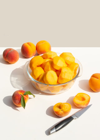 A plate with halved peeled peaches. Harvesting for homemade peach jam. Tryndy color.