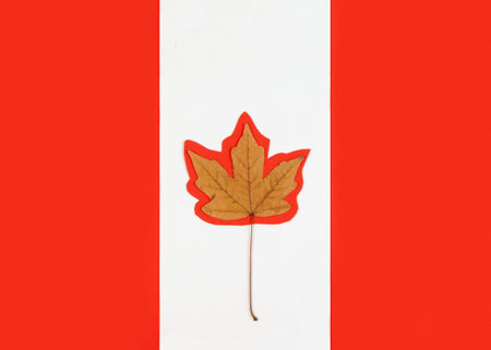 Maple leaf on a red paper background in the form of a flag. Flat layの写真素材