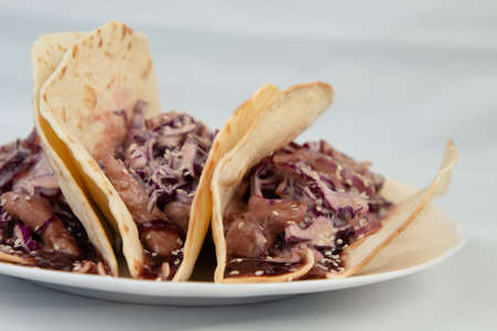 Traditional Mexican birria tacos with coriander and onion on top. Street food from Mexico. Comforting food.の写真素材
