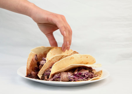 Traditional Mexican birria tacos with coriander and onion on top. Street food from Mexico. Comforting food.の写真素材