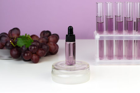 Organic bio grape cosmetics. Extract, grape seed oils, serum. Abstract cosmetic laboratory.