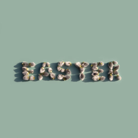 Easter inscription from spring willow catkins on a mint background. Hard shadow. Happy easter creative greeting card.の写真素材