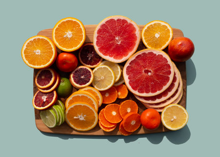 Set of different sliced citrus fruits on wooden board. Orange, grapefruit, lime, tangerine, lemon. Organic SPA cosmetics with orange oil and vitamin C. Hard shadow.の写真素材