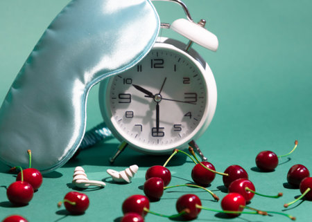 Sleeping mask and ripe cherry on green background. Food for a good sleep. Cherry Berries helps with...