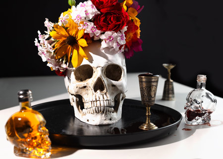 Skull with flowers wreath. Concept of Day of the dead, Dia De Los Muertos. Halloween Celebration...