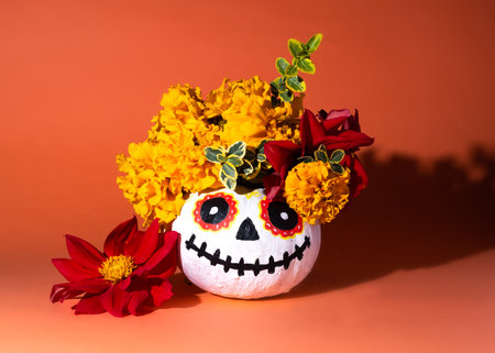 Halloween pumpkin painted white with drawn eyes. Decorated with a wreath of marigolds and dahlias.