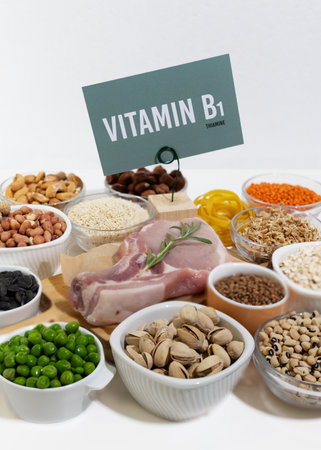 A set of natural products rich in vitamin B1 Thiamine. Healthy food concept. Cardboard sign with the inscription.の写真素材