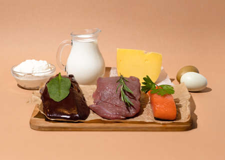 A set of natural products rich in vitamin B12 cobalamin. Healthy food concept.の写真素材