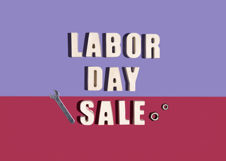 Labor day sale banner, colorfull paper background, white concrete letter, hard shadowsの写真素材