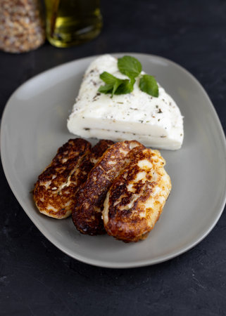 Homemade halloumi from goat milk with the addition of mesophilic sourdough. White Cheese for grilling. An organic dairy product from a local farm.の写真素材