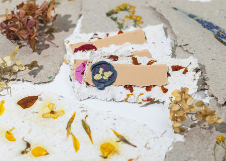 The process of creating wedding place cards from homemade recycled paper, pressed flowers and sealing wax. Personalized wedding name tags.の写真素材
