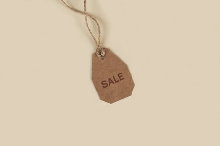 Brown kraft paper tags with jute rope. price label. sale discount concept. Copy space, flat layの写真素材