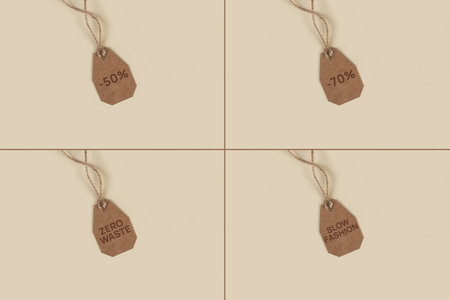 Group of Brown kraft paper tags with text. price label. Sale discount concept, slow fashion, zero waste. Copy space, flat layの写真素材