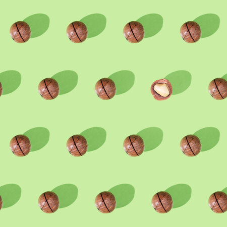 Seamless pattern of Macadamia Nuts on green background with shadow. The concept of the holiday National Macadamia Nut Month. minimalist style.の写真素材