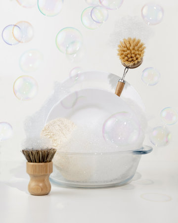 Eco-friendly bamboo dishwashing brush with long wooden handle. Creative concept cleaning with soap bubbles.の写真素材