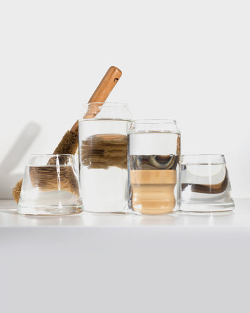 Eco-friendly bamboo dishwashing brush with long wooden handle behind transparent glasses.の写真素材