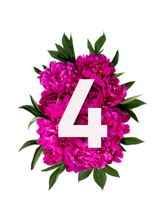 Layout with pink peonies flowers and white number four sign. flat lay. top view.の写真素材