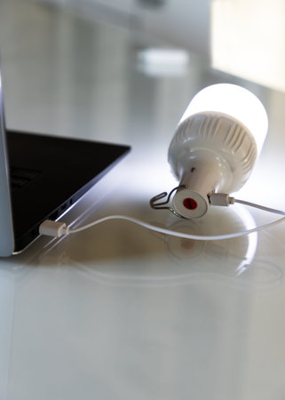 Portable rechargeable LED emergency light with built-in battery is charged from a laptop using a USB...