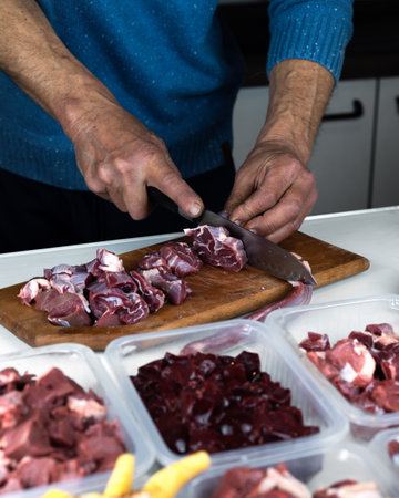 A man prepares various raw meats, bones and offal for freezing. BARF Biologically Appropriate Raw Food for Dogs and Cats. Animal food packaging.の写真素材