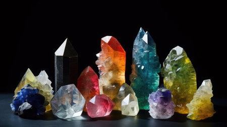 Set of gemstone crystals. Minerals for esoteric crystal ritual. spiritual Magic practice, relaxation, meditation, life balance. Wiccan Witchcraft. Reiki therapyの素材