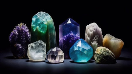 Set of gemstone crystals. Minerals for esoteric crystal ritual. spiritual Magic practice, relaxation, meditation, life balance. Wiccan Witchcraft. Reiki therapyの素材