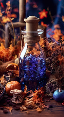 witch table. Crystals, potions and dried herbs, halloween, witchcore, in a dark key. vertical storiesの素材