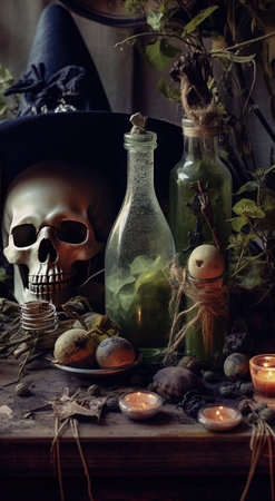 witch table. Crystals, potions and dried herbs, halloween, witchcore, in a dark key. vertical storiesの素材