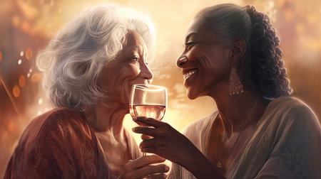 Two dark-skinned elderly women with gray hair lovingly embrace in a modern kitchen. Soft light illuminations. Realistic, high-resolution photography capturing genuine moments of lesbian love.の素材