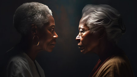 Two dark-skinned elderly women with gray hair lovingly embrace in a modern kitchen. Soft light illuminations. Realistic, high-resolution photography capturing genuine moments of lesbian love.の素材