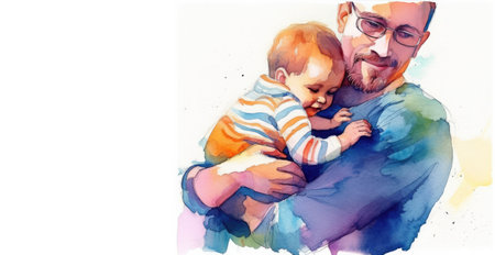 dad holding and hugging his little son. fathers day concept. illustration, animation style, watercolor, white backgroundの素材