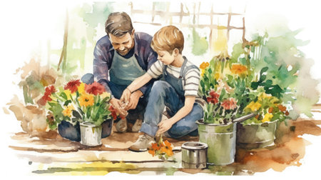 Dad and son gardening together. fathers day concept. illustration, animation style, watercolor, white backgroundの素材