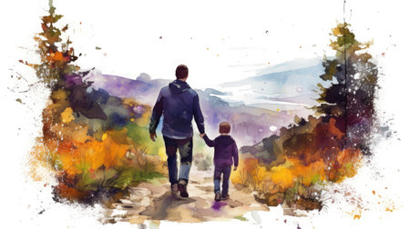 Dad and son walk along the path in nature. Tourist trip together. Fathers day concept.illustration, animation style, watercolor, white backgroundの素材
