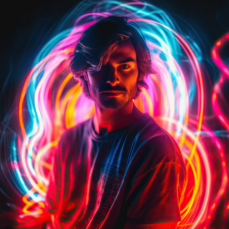 Neon light portrait with long exposure and freezelight. Pretty guy looking at camera. Concept of beauty, art, fashion, youth, sales and ads.の素材