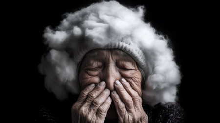 close-up face of an elderly woman on black backdrop, her mind shrouded in the hazy veil of cotton, embodying dementia, symbolizing the tangled labyrinth of Alzheimer's.の素材