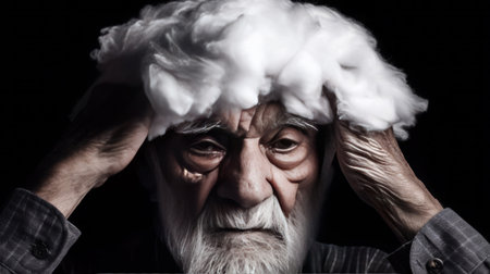 close-up face of an elderly man on black backdrop, her mind shrouded in the hazy veil of cotton, embodying dementia, symbolizing the tangled labyrinth of Alzheimer's.の素材