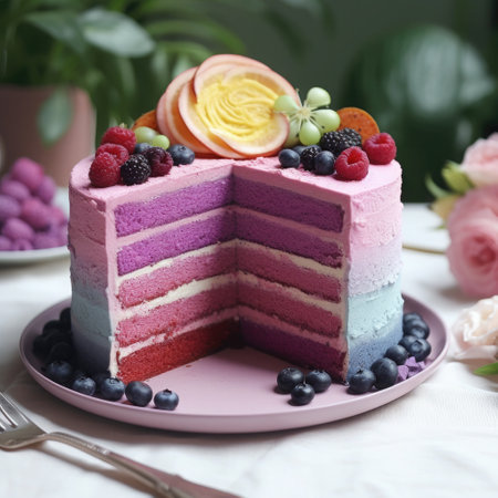 Rainbow layer cake, biscuit layers anointed with multi-colored creamの素材