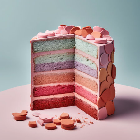 Rainbow layer cake, biscuit layers anointed with multi-colored creamの素材