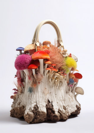 Stylish bags crafted from mycelium and mushroom-based sustainable leather alternative. creative concept.の素材