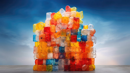 An abstract sculpture made from discarded plastic containers, highlighting the importance of...