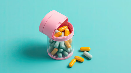 Organized Medication Routine, weekly pill container, creative minimalist photo, pastel background, modern flat layの素材